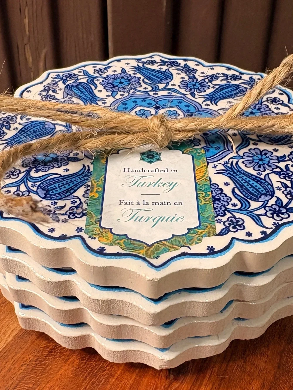Set of 4 Turkish Ceramic Coasters Made in Turkey Boho Vibe Blue and White NWT
